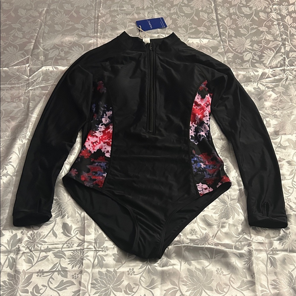 YOLIPULI Black Floral Long Sleeve One Piece Swimsuit Size L.